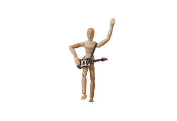 Live guitar music concept. Wooden mannequin playing an electric guitar with one arm raised, isolated on a transparent or white background. Rock music concert performance