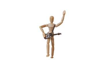 Live guitar music concept. Wooden mannequin playing an electric guitar with one arm raised, isolated on a transparent or white background. Rock music concert performance