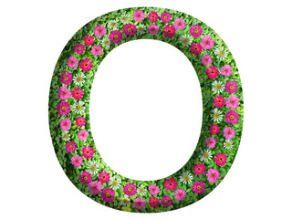 3d of alphabet O, design made from flowers, leaves and green grass on transparent background