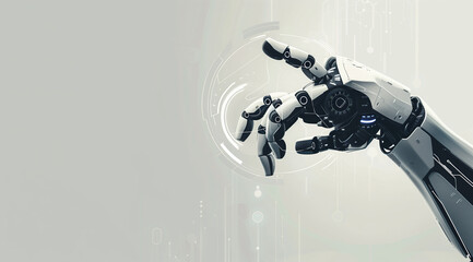"Sleek and modern robotic hand reaching out with digital interface elements on white and grey background"