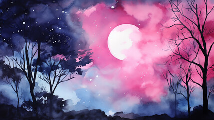 Watercolor painting of a forest landscape at night, full moon shining brightly against a pink and blue sky, while silhouetted trees stand tall in the foreground