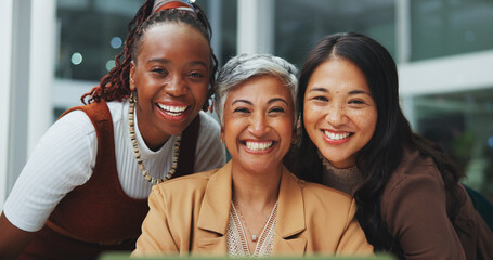 Happy, business woman and diversity in portrait for solidarity, confidence and pride in company. Excited, corporate group and agency with smile for staff inclusion and empowerment in office.