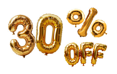 Golden thirty percent sale sign made of inflatable balloons. Generative AI