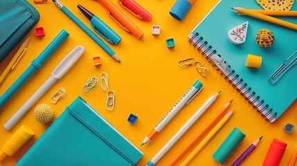 school books, pencils, markers and other accessories on yellow background, copy space
