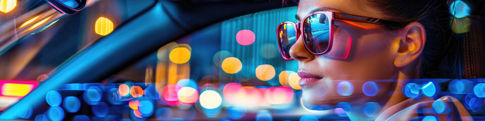 A woman drives through a city at night, her face illuminated by the bright lights reflecting off her sunglasses