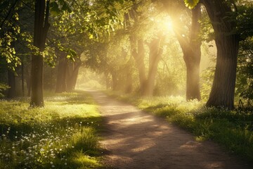 Obraz premium A beautiful path through a forest bathed in golden sunlight