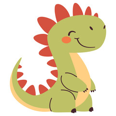 Cute green dinosaur in simple child style on white background, flat vector illustration . Vector illustration