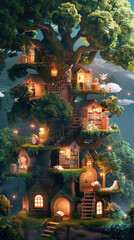 Fototapeta premium An illustration of a magical treehouse with multiple levels and cozy rooms, featuring lanterns, books, and a lush green canopy