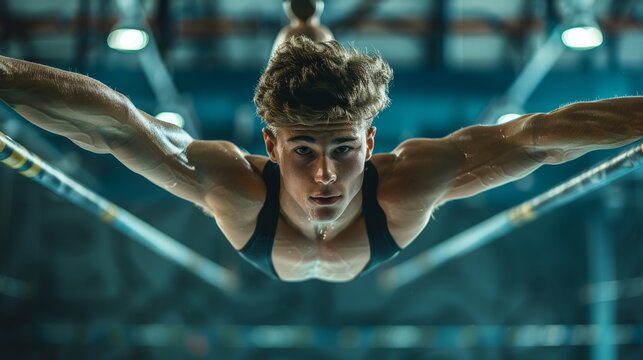 Dynamic image of a male gymnast performing on horizontal bar, gymnastics arena. Strength and agility