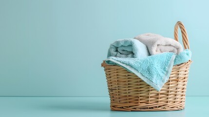 In the foreground is an empty laundry basket with towels inside, on a light blue background. The wicker texture of the basket adds to its natural appeal.