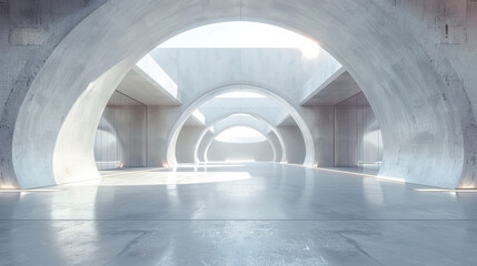 Futuristic architectural design of a concrete structure with arches and natural light