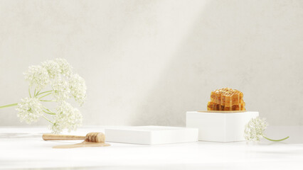Background 3D rendering minimalist honey with white podium and peucedanum rablense flower for product presentation in landscape