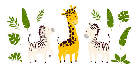 Vector set of sticker illustrations of cute African animals zebra and giraffe and tropical leaves isolated on white background © Baranovska