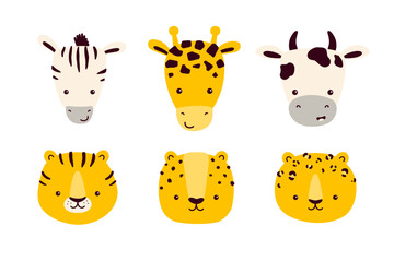 Vector illustration of cute African animal faces isolated on white background - zebra, giraffe, cow, tiger, cheetah, leopard