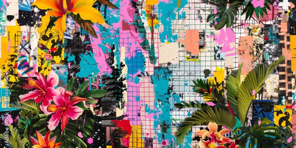 Poster abstract tropical pixel art with bold colors and geometric patterns