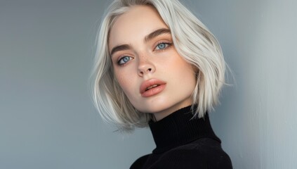 Beautiful young woman with white hair in a hairstyle bob cut, blue eyes and bright makeup wearing a stylish turtleneck sweater posing on a gray background. Fashion portrait of an attractive girl