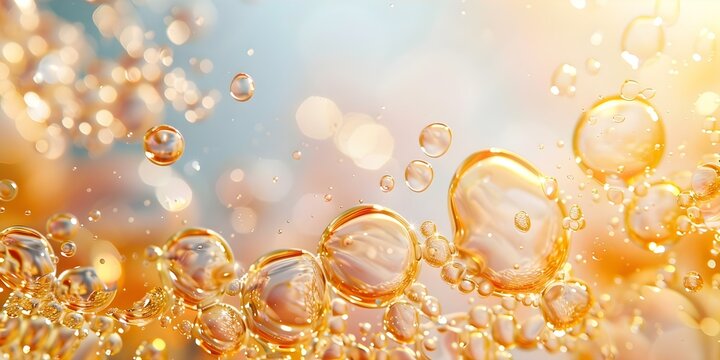 Serum Oil Drops in Water with Bubbles on White Background Cosmetic Product. Concept Product Photography, Cosmetic Products, Serum Droplets, Water Bubbles, White Background