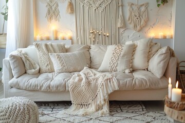 Beige sofa with beige pillows and blanket near candles in cozy living room at home, macrame on wall.
