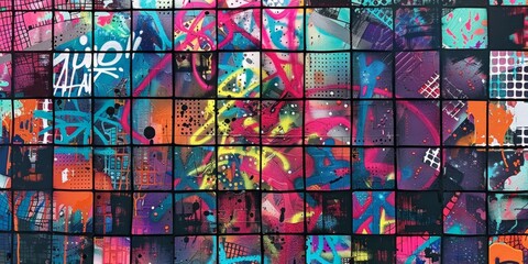 Colorful Holographic Grid Artwork Displayed in a Gallery