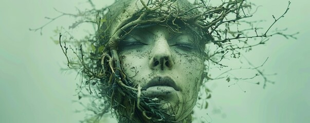 Abstract surreal portrait of a woman with intertwined plant elements
