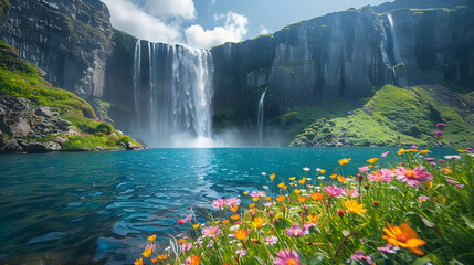 A vibrant nature waterfall landscape with wildflowers blooming along the rocky cliffs