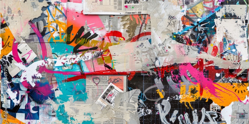 Poster a collage of colorful graffiti and abstract patterns on a urban wall
