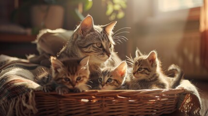 A serene scene of a mother cat and her kittens resting in a wicker basket with warm sunlight streaming through, depicting warmth and family.
