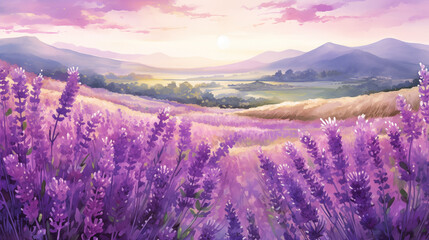 Watercolor sunset over lavender field landscape
