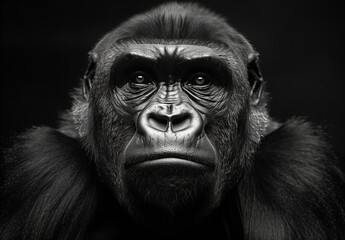 A close up portrait face of a powerful dominant male gorilla on black background, beautiful Portrait of a Gorilla male, severe silver back, anthropoid ape, stern face, isolated black background