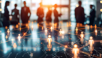 Business people interacting with virtual network interface in modern office setting