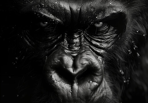 A close up portrait face of a powerful dominant male gorilla on black background, beautiful Portrait of a Gorilla male, severe silver back, anthropoid ape, stern face, isolated black background
