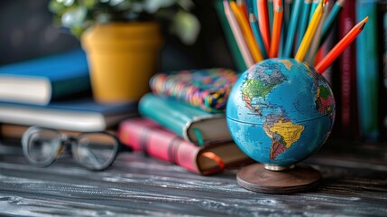 Fototapeta premium Back to School Concept. Earth Globe, Books, Notebooks, Colorful Stationery. Education and School Supplies