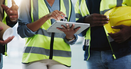 Planning, team and engineers browsing tablet for construction or project management with...