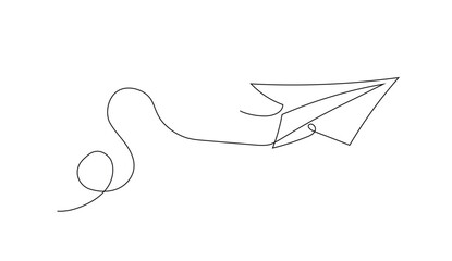 One continuous line drawing of origami paper plane flying. Flat design. White background. Single line draw design vector illustration