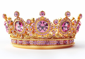 Golden crown with pink diamonds isolated on a white background