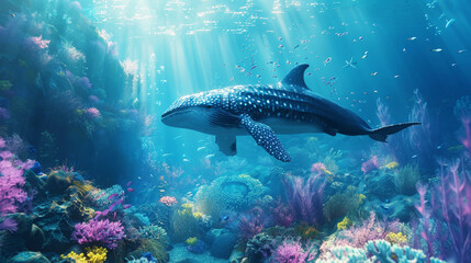 Fototapeta premium Majestic whale shark swimming in a colorful coral reef underwater