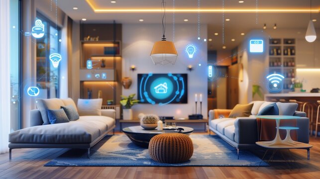 Living room integrated with smart home technology, showcasing digital icons for various smart functionalities and home automation.