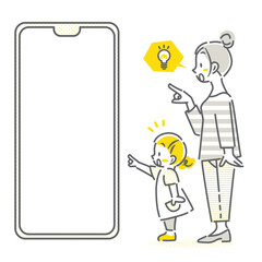 スマホ画面を見るお母さんと小さな女の子　シンプルでお洒落な線画イラスト