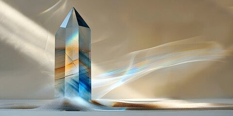 Iridescent hues reflected by irregular prism crystal on beige background. Concept Infrared Prism Crystal, Iridescent Hues, Beige Background, Abstract Photography