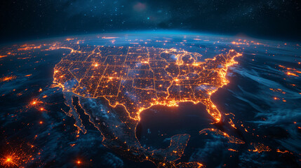 Illuminated map of the United States at night with glowing city lights from space