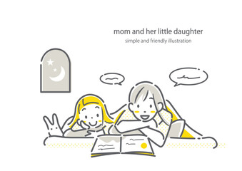 寝る前に一緒に絵本を楽しむ若いお母さんと小さな女の子　シンプルでお洒落な線画イラスト