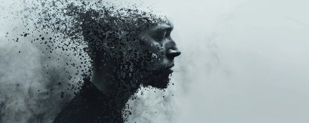 Minimalist surreal portrait of a man with his face disintegrating into pixels