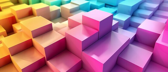 Obraz premium Abstract background with colorful geometric shapes and squares in a white, blue, pink, orange and purple color gradient. 