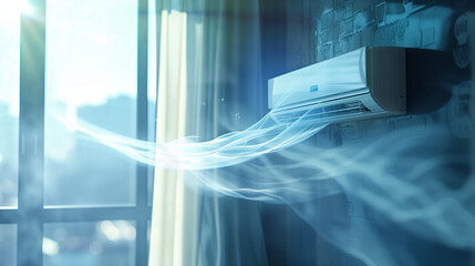 The air conditioner distributes cool, refreshing air throughout the room, creating a pleasant breeze and providing a feeling of relief on hot days.