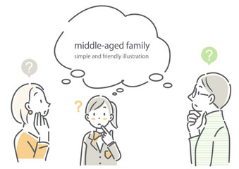 娘と一緒に教育について考えるミドル世代の夫婦　シンプルでお洒落な線画イラスト