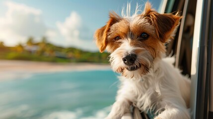 A funny cute dog looks out of the car window on the road to the ocean