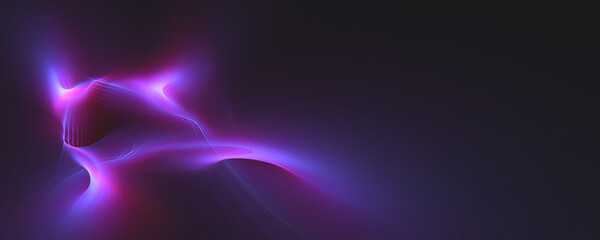 Pink and purple neon light refracts through a crystal prism against a dark background. Light bends through the crystal, creating a spectrum of colors and sharp geometric shapes.