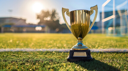 The gold cup stands against the backdrop of the football pitch, exuding prestige and honoring the winners by highlighting great sporting achievements.