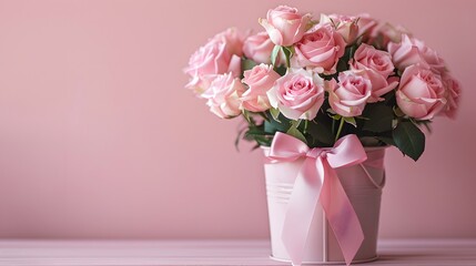 Pink roses in a pink vase with a ribbon and gift box on a table against a pastel background, copy space concept for a mother's day celebration greeting card or presentation banner.