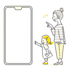 スマホ画面を見るお母さんと小さな女の子　シンプルでお洒落な線画イラスト
